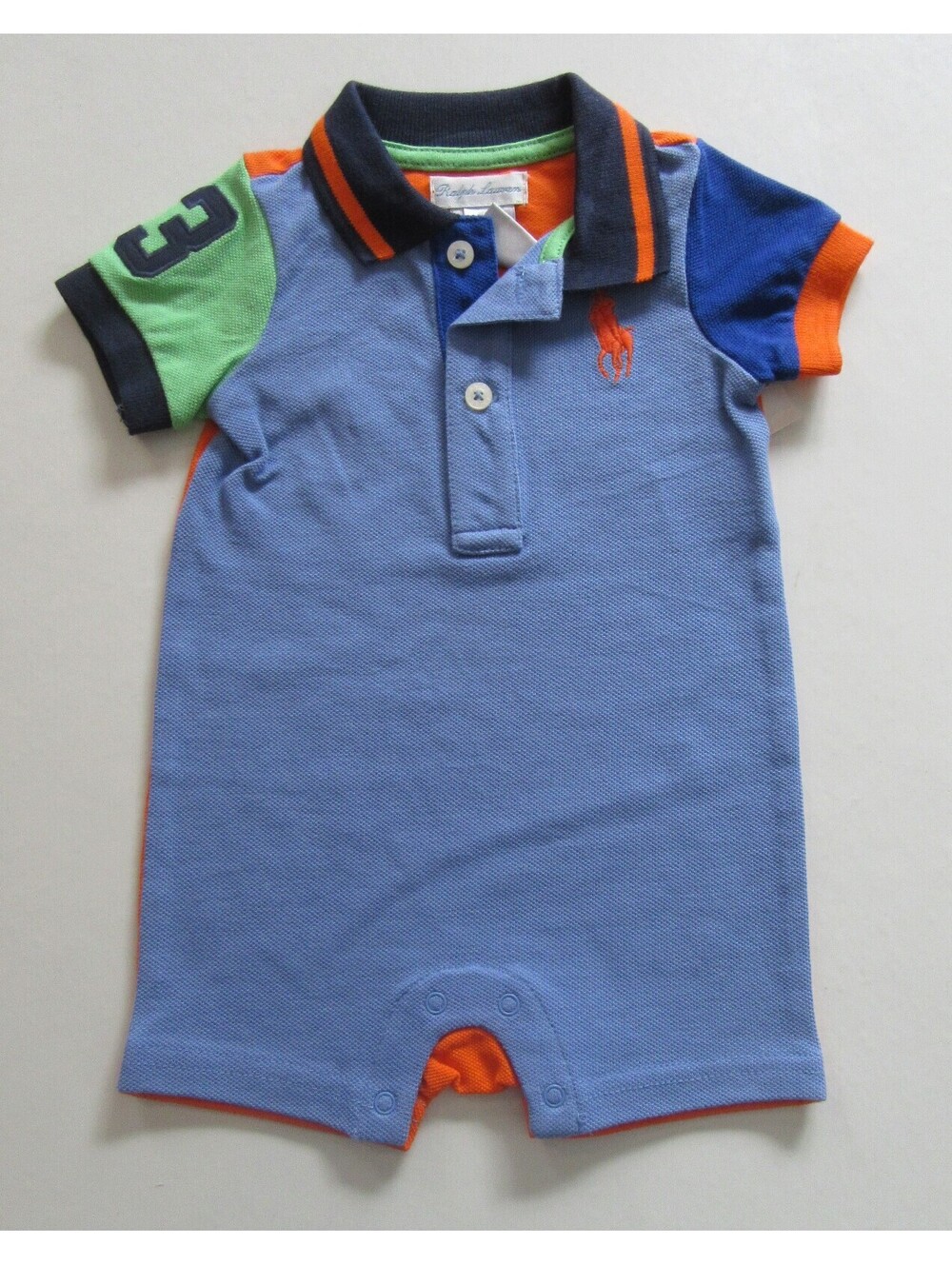 Polo Ralph Lauren Baby Boys Big Pony Shortall One Piece Romper Blue Multi 3 Mo.